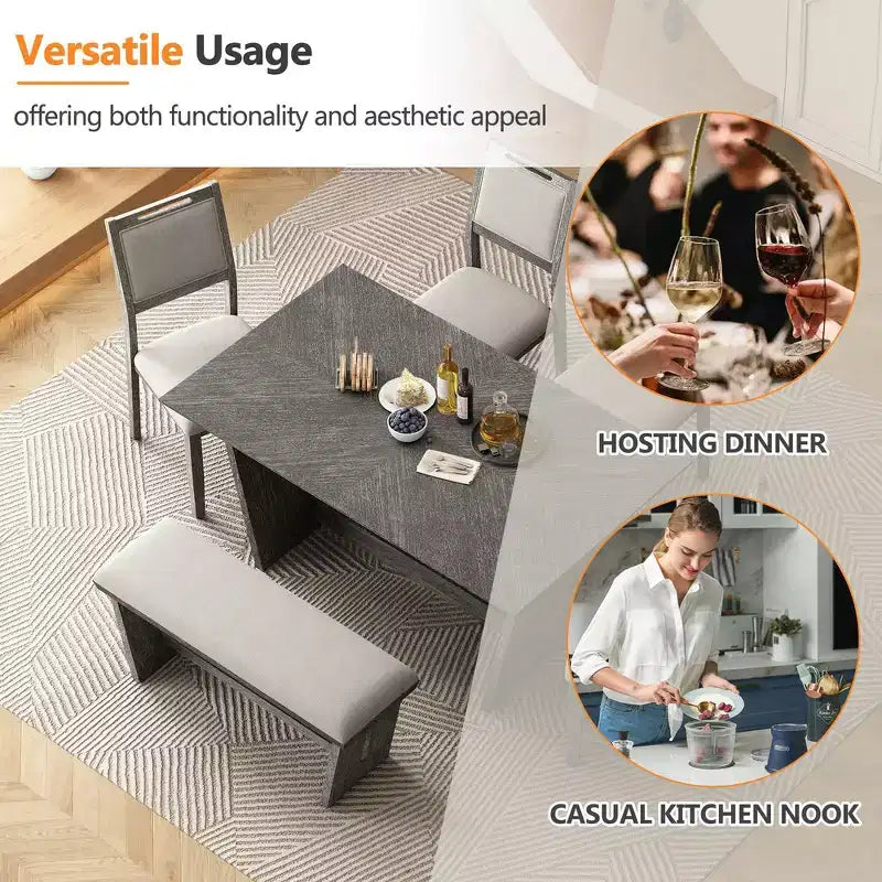 Whisen 6-Piece Retro Kitchen Dining Table Set for 6, Wood Kitchen Table and Chairs Set with Bench, Trestle Base, Soft Cushion