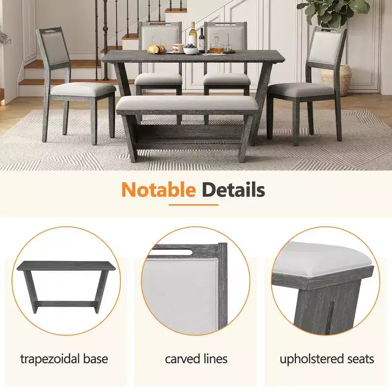 Whisen 6-Piece Retro Kitchen Dining Table Set for 6, Wood Kitchen Table and Chairs Set with Bench, Trestle Base, Soft Cushion