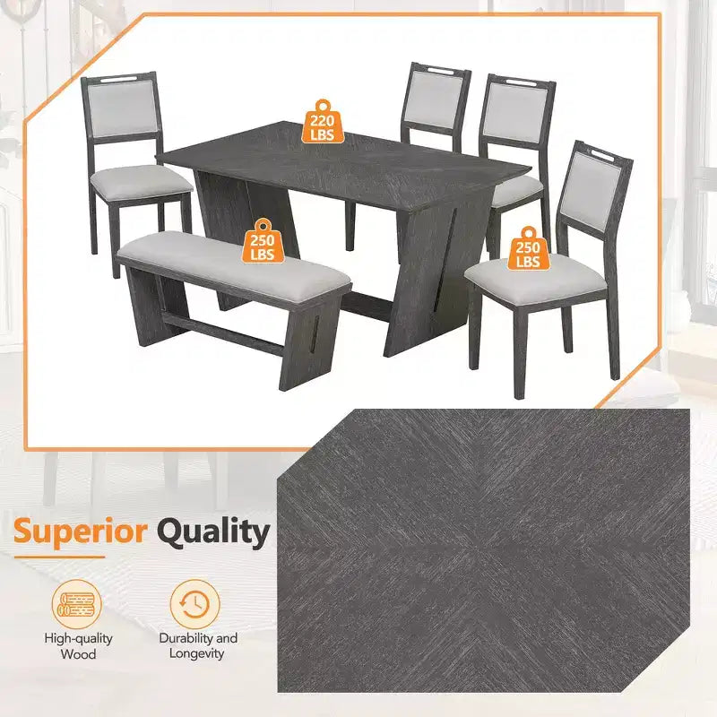 Whisen 6-Piece Retro Kitchen Dining Table Set for 6, Wood Kitchen Table and Chairs Set with Bench, Trestle Base, Soft Cushion