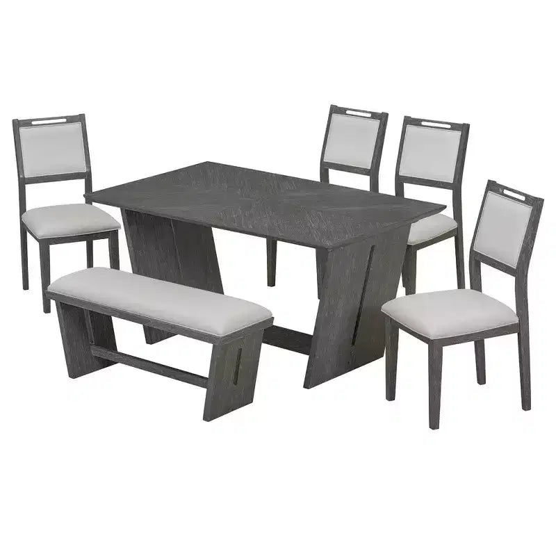 Whisen 6-Piece Retro Kitchen Dining Table Set for 6, Wood Kitchen Table and Chairs Set with Bench, Trestle Base, Soft Cushion