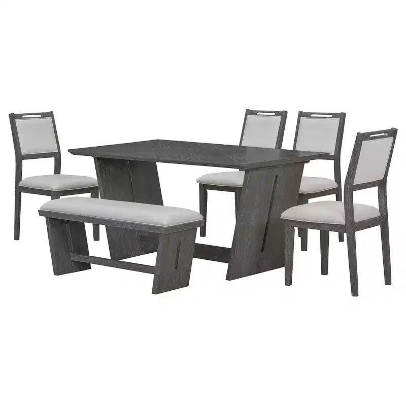 Whisen 6-Piece Retro Kitchen Dining Table Set for 6, Wood Kitchen Table and Chairs Set with Bench, Trestle Base, Soft Cushion