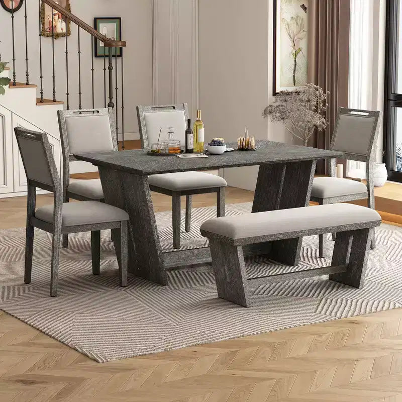 Whisen 6-Piece Retro Kitchen Dining Table Set for 6, Wood Kitchen Table and Chairs Set with Bench, Trestle Base, Soft Cushion