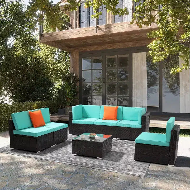 Karl Home Brown 7-Piece Wicker Sectional Set with Lake Blue Cushions
