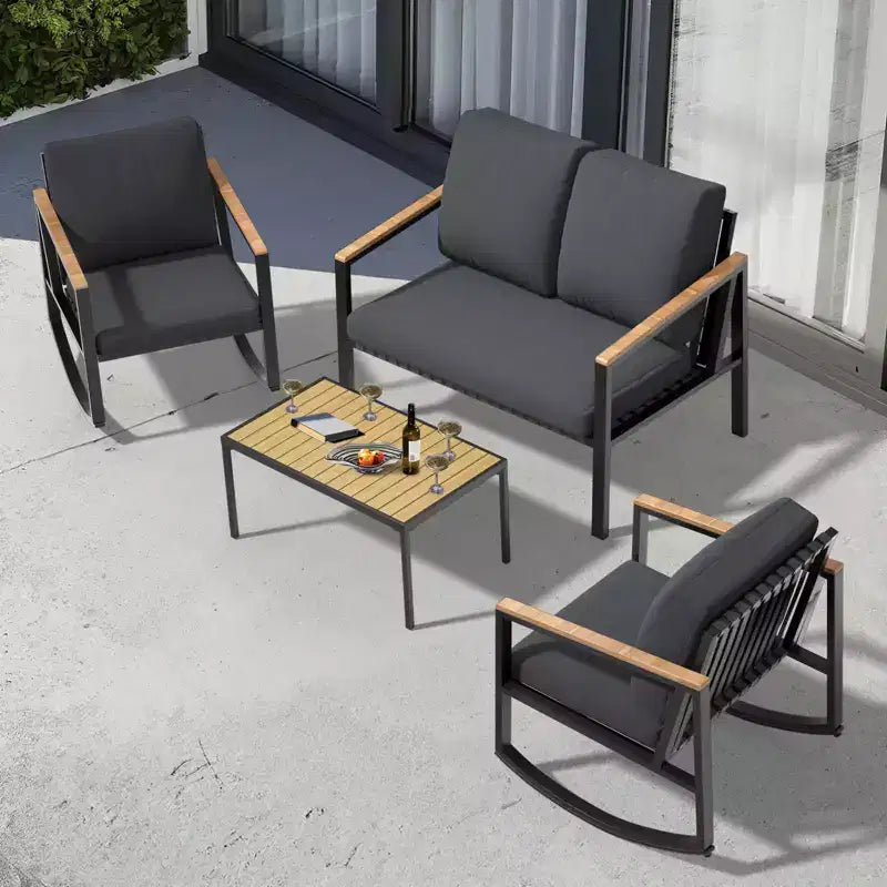4-Piece Metal Outdoor Patio Conversation Set with Cushions, 2-Rocking Chairs and Coffee Table