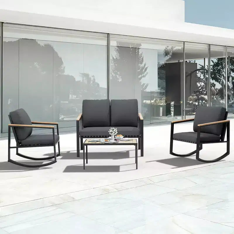 4-Piece Metal Outdoor Patio Conversation Set with Cushions, 2-Rocking Chairs and Coffee Table