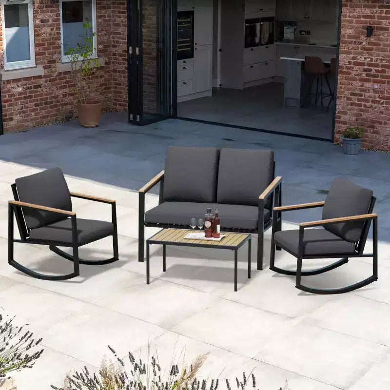 4-Piece Metal Outdoor Patio Conversation Set with Cushions, 2-Rocking Chairs and Coffee Table