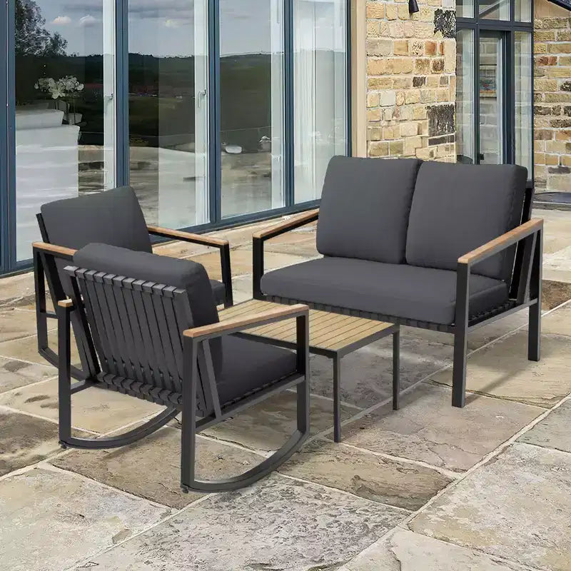 4-Piece Metal Outdoor Patio Conversation Set with Cushions, 2-Rocking Chairs and Coffee Table