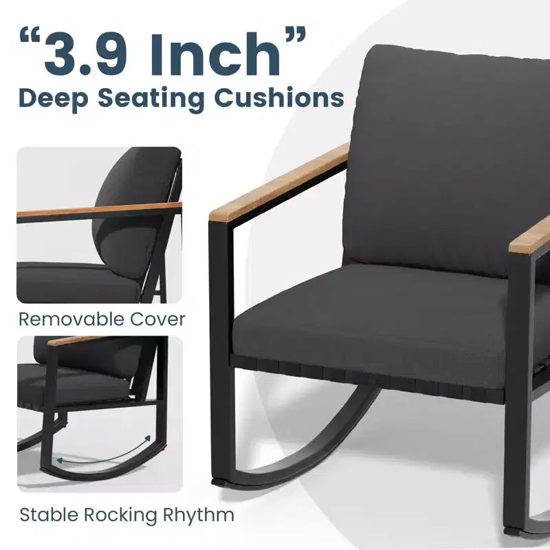 4-Piece Metal Outdoor Patio Conversation Set with Cushions, 2-Rocking Chairs and Coffee Table