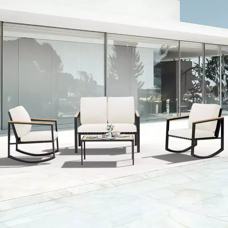4-Piece Metal Outdoor Patio Conversation Set with Cushions, 2-Rocking Chairs and Coffee Table