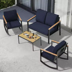 4-Piece Metal Outdoor Patio Conversation Set with Cushions, 2-Rocking Chairs and Coffee Table