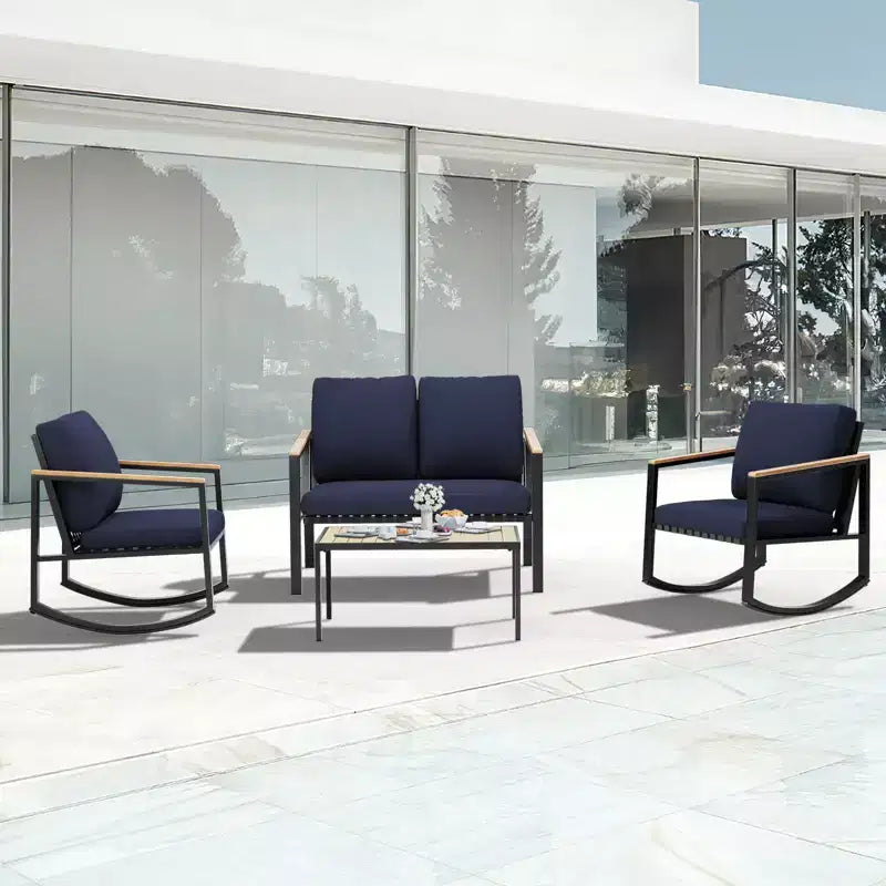 4-Piece Metal Outdoor Patio Conversation Set with Cushions, 2-Rocking Chairs and Coffee Table