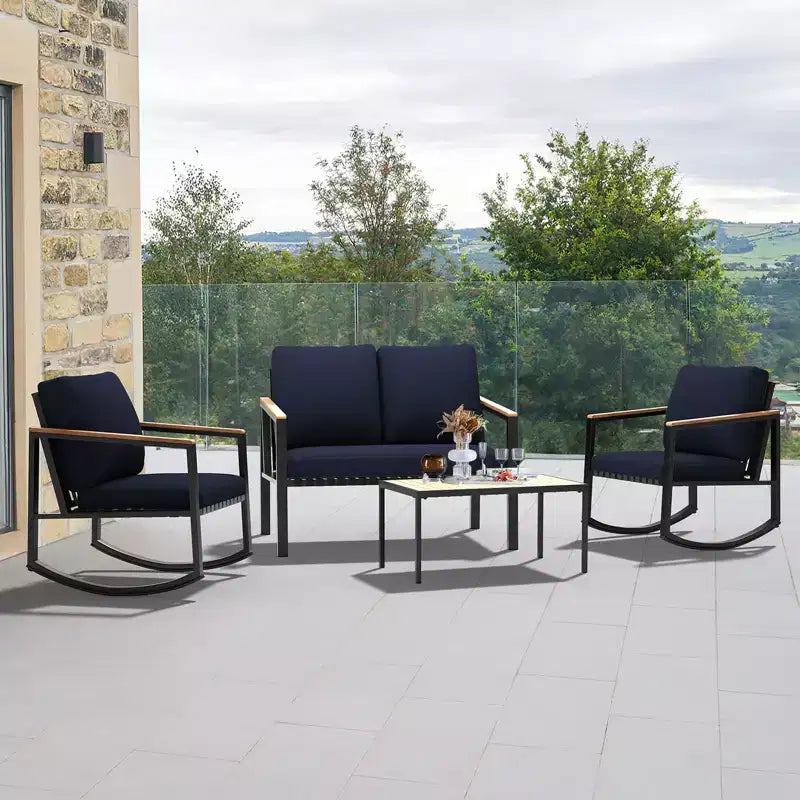 4-Piece Metal Outdoor Patio Conversation Set with Cushions, 2-Rocking Chairs and Coffee Table