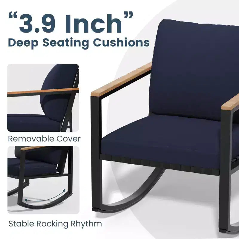 4-Piece Metal Outdoor Patio Conversation Set with Cushions, 2-Rocking Chairs and Coffee Table