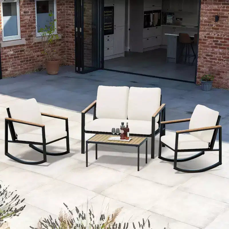 4-Piece Metal Outdoor Patio Conversation Set with Cushions, 2-Rocking Chairs and Coffee Table