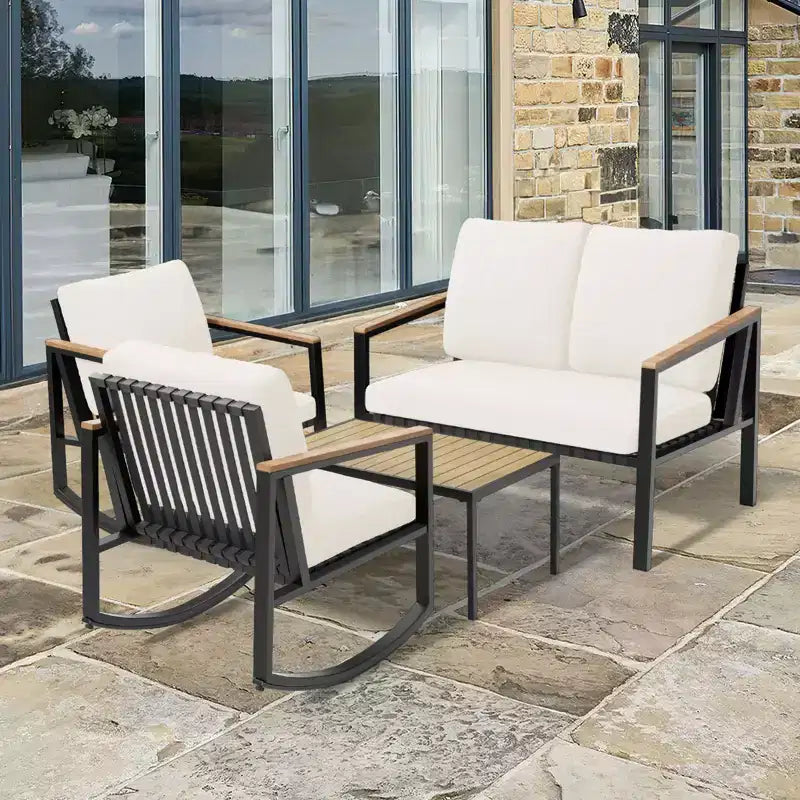 4-Piece Metal Outdoor Patio Conversation Set with Cushions, 2-Rocking Chairs and Coffee Table