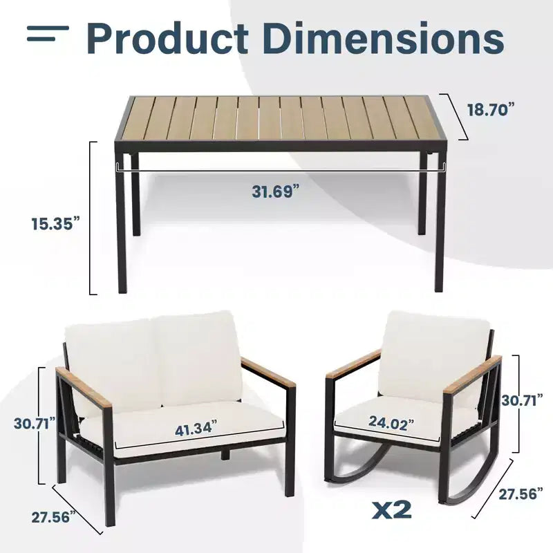 4-Piece Metal Outdoor Patio Conversation Set with Cushions, 2-Rocking Chairs and Coffee Table