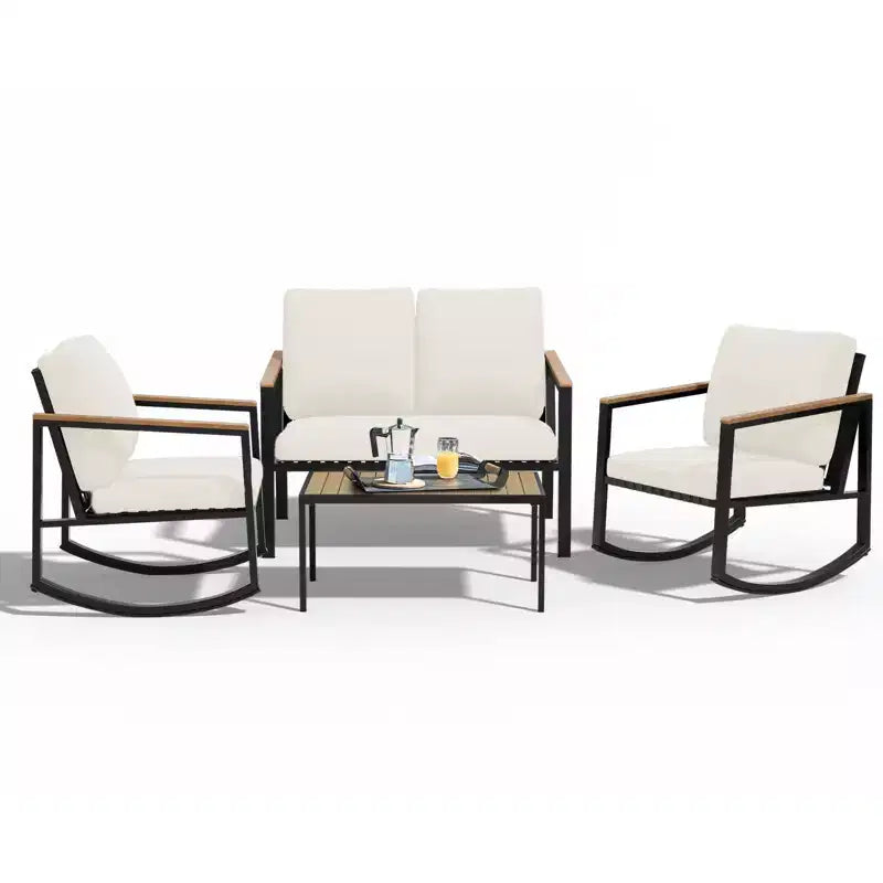 4-Piece Metal Outdoor Patio Conversation Set with Cushions, 2-Rocking Chairs and Coffee Table