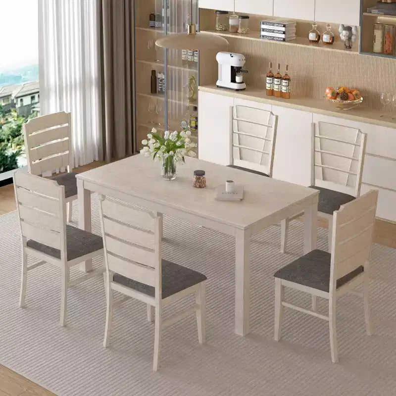 VECELO Farmhouse Style 7-Piece Dining Table Set for 6, Rubber Wood Table with 6 Upholstered Dining Chairs, Gray