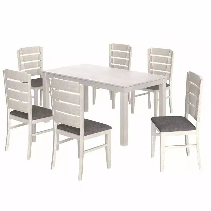 VECELO Farmhouse Style 7-Piece Dining Table Set for 6, Rubber Wood Table with 6 Upholstered Dining Chairs, Gray