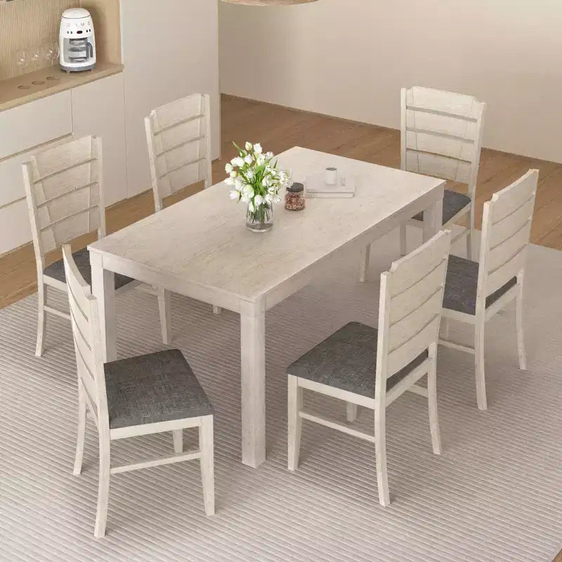 VECELO Farmhouse Style 7-Piece Dining Table Set for 6, Rubber Wood Table with 6 Upholstered Dining Chairs, Gray