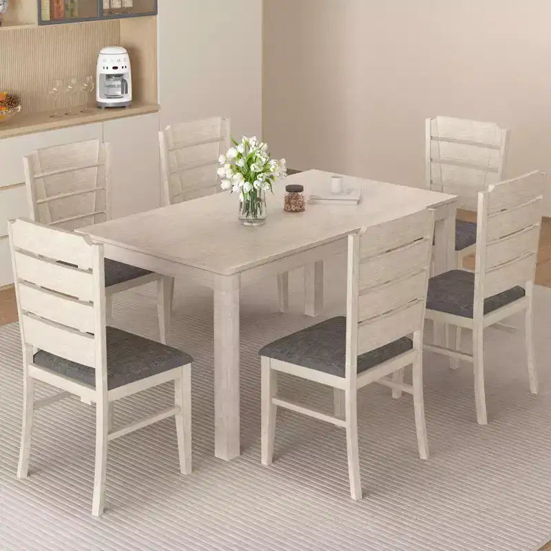 VECELO Farmhouse Style 7-Piece Dining Table Set for 6, Rubber Wood Table with 6 Upholstered Dining Chairs, Gray