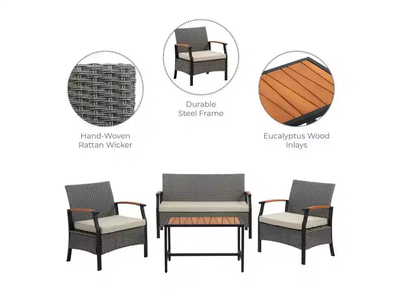 4-Piece Woven Back Conversation Set, CharcoalTeamson Home : Steel Frame & Wood Armrests