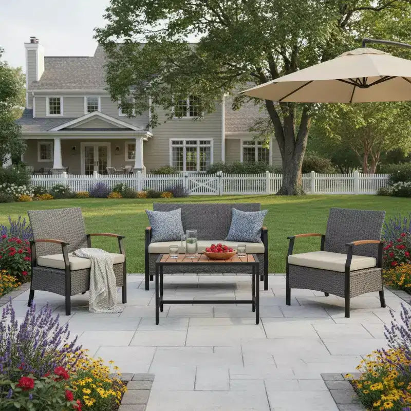 4-Piece Woven Back Conversation Set, CharcoalTeamson Home : Steel Frame & Wood Armrests