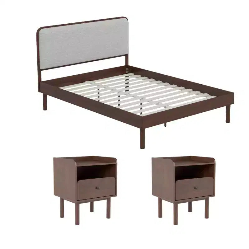 Roundhill Furniture Wyller 3-delige slaapkamermeubelset, platformbed met twee nachtkastjes, natuurlijk walnoot, queen