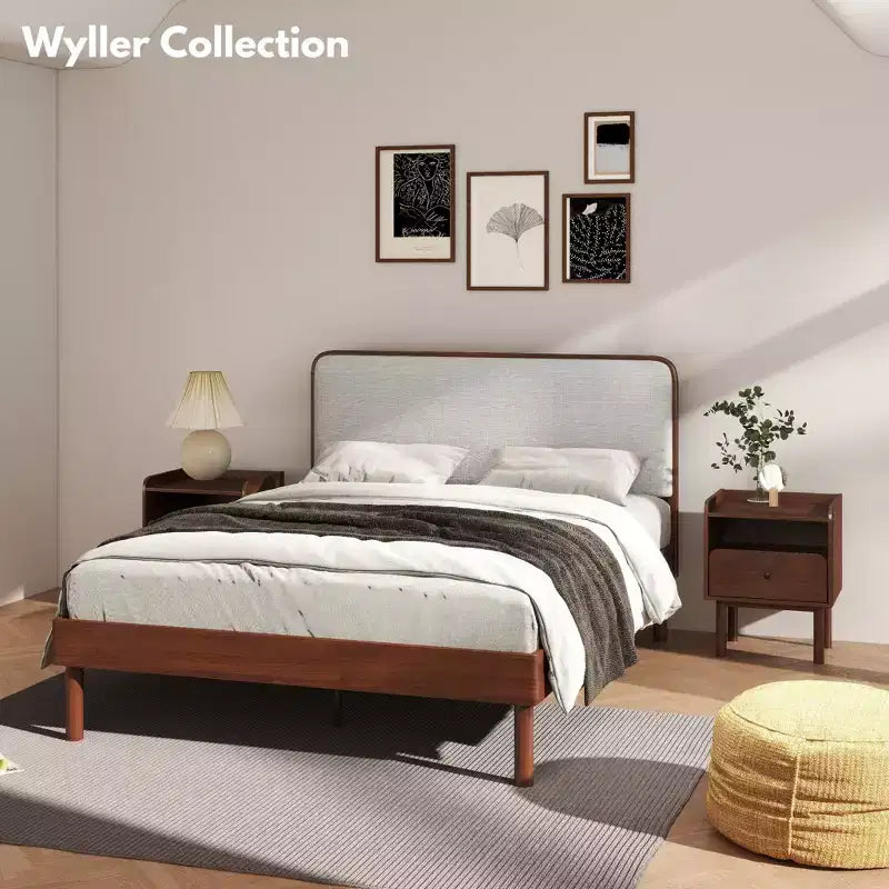 Roundhill Furniture Wyller 2-delige slaapkamermeubelset, platformbed met nachtkastje, natuurlijk walnoot, queensize