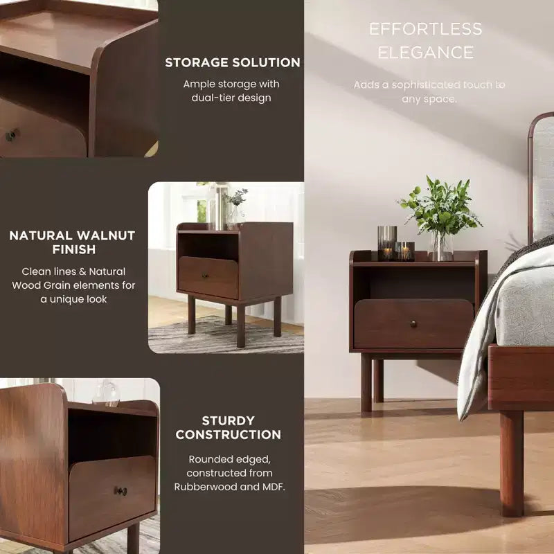 Roundhill Furniture Wyller 2-delige slaapkamermeubelset, platformbed met nachtkastje, natuurlijk walnoot, queensize