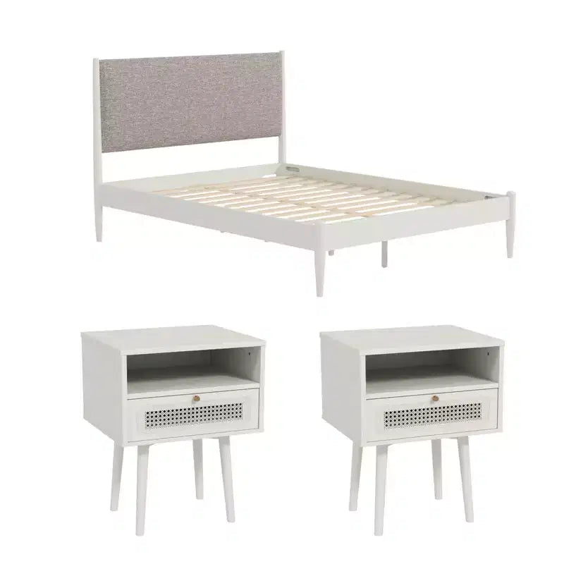 Roundhill Furniture Feeney 3-delige slaapkamermeubelset, bed met platform en twee nachtkastjes, crèmewit, queensize