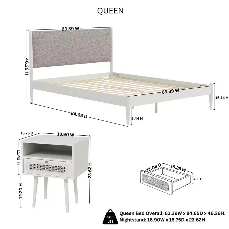 Roundhill Furniture Feeney 3-delige slaapkamermeubelset, bed met platform en twee nachtkastjes, crèmewit, queensize