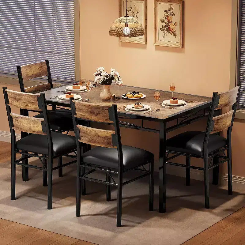 Eetkamerset voor 4 personen, houten keukentafel met 4 gestoffeerde stoelen, set van 4 keukenstoelen met botsingshoek voor kleine ruimtes, keuken
