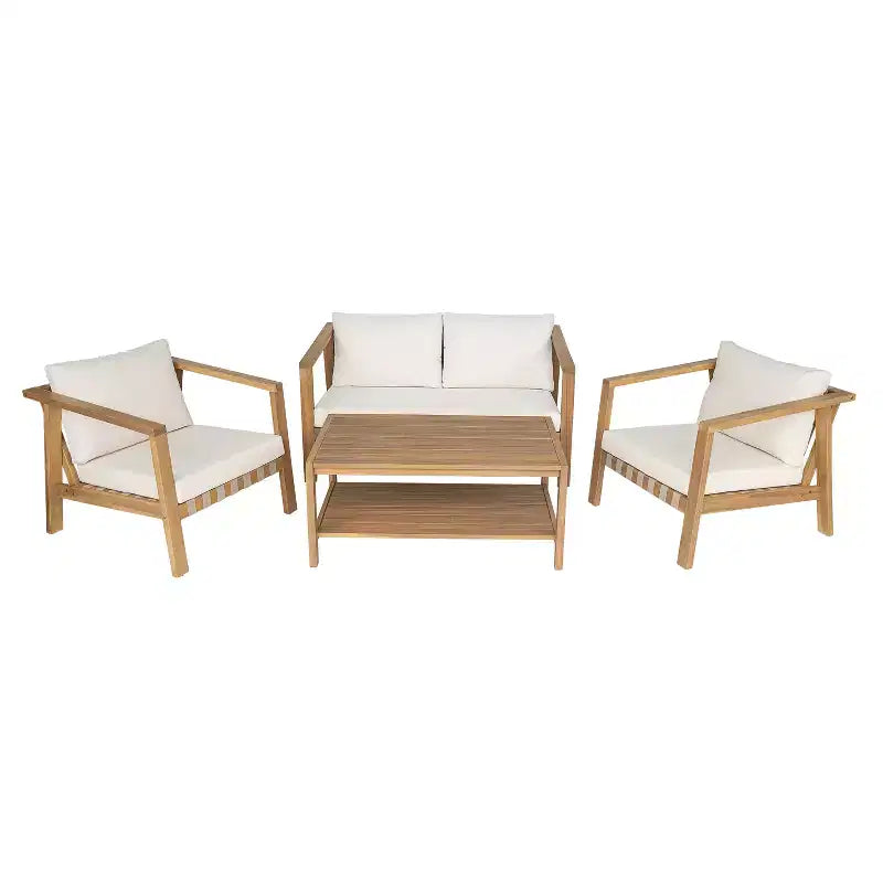 Christopher Knight Home Fraser 4-Piece Patio Slat Design Acacia Wood Upholstered Seating Set