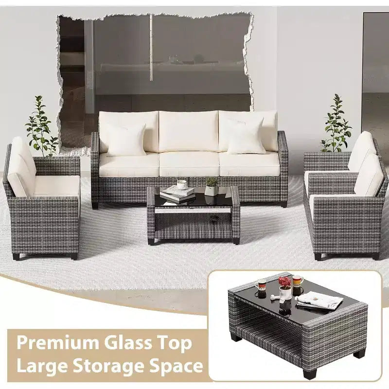 Acekool 5-Piece Outdoor Patio Furniture Set with Weather-Resistant PE Rattan, Tempered Glass Table, Cushioned Chairs for Porch, Balcony, Backyard