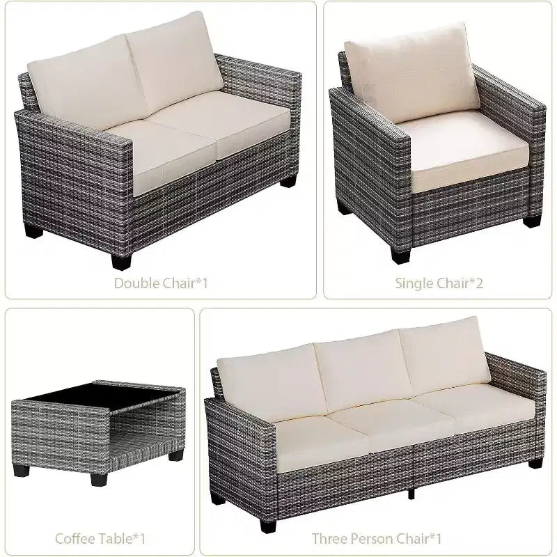 Acekool 5-Piece Outdoor Patio Furniture Set with Weather-Resistant PE Rattan, Tempered Glass Table, Cushioned Chairs for Porch, Balcony, Backyard