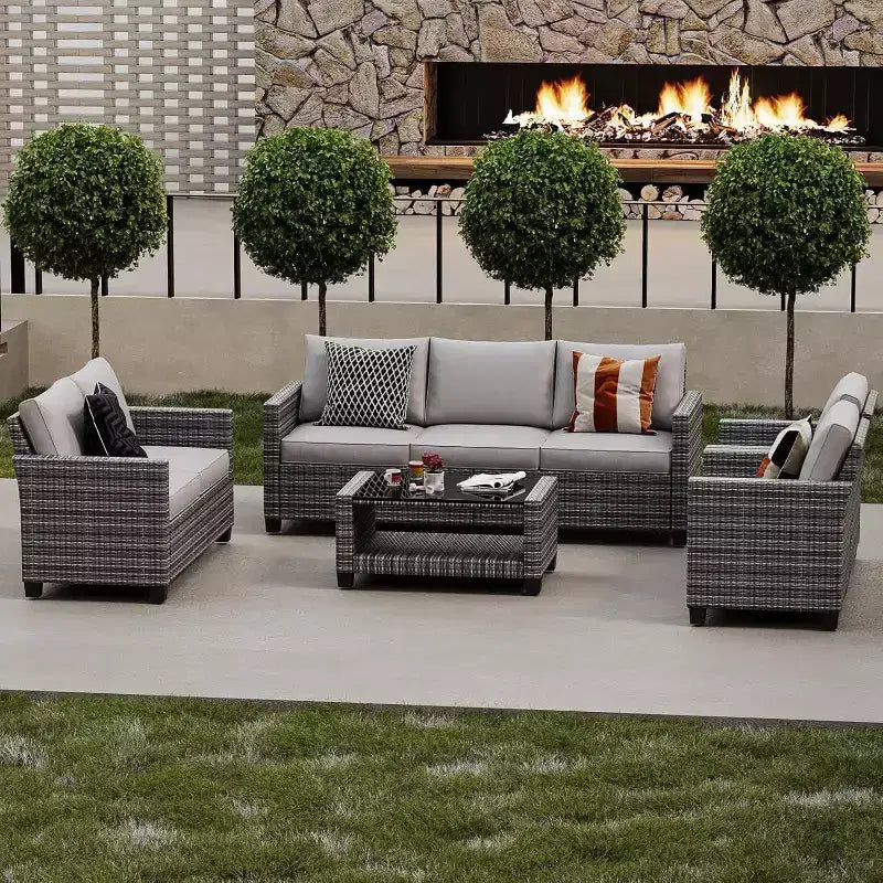 Acekool 5-Piece Outdoor Patio Furniture Set with Weather-Resistant PE Rattan, Tempered Glass Table, Cushioned Chairs for Porch, Balcony, Backyard