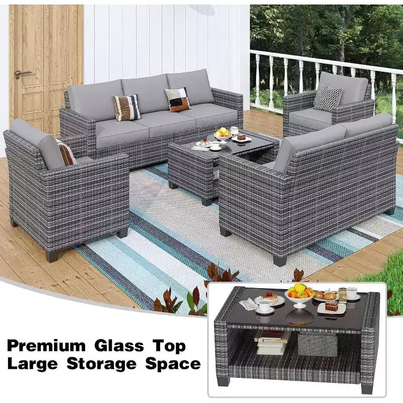 Acekool 5-Piece Outdoor Patio Furniture Set with Weather-Resistant PE Rattan, Tempered Glass Table, Cushioned Chairs for Porch, Balcony, Backyard