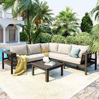 4-Piece Outdoor Acacia Wood Sofa Set with Woven Mesh Armrests, L-Shaped Patio Conversation Set with Coffee Table and Side Table - ModernLuxe