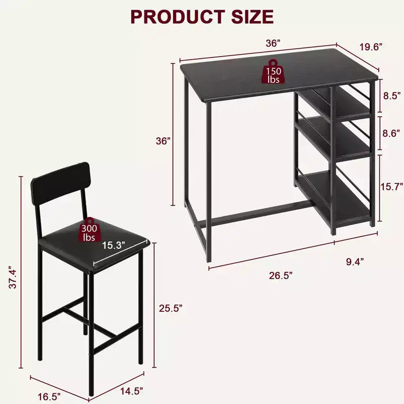 Dining Table Set with Storage Shelves,Bar Table Set with Durable Black Leather Sponge Chair,Bar Table and Two Seats for 2-4 People