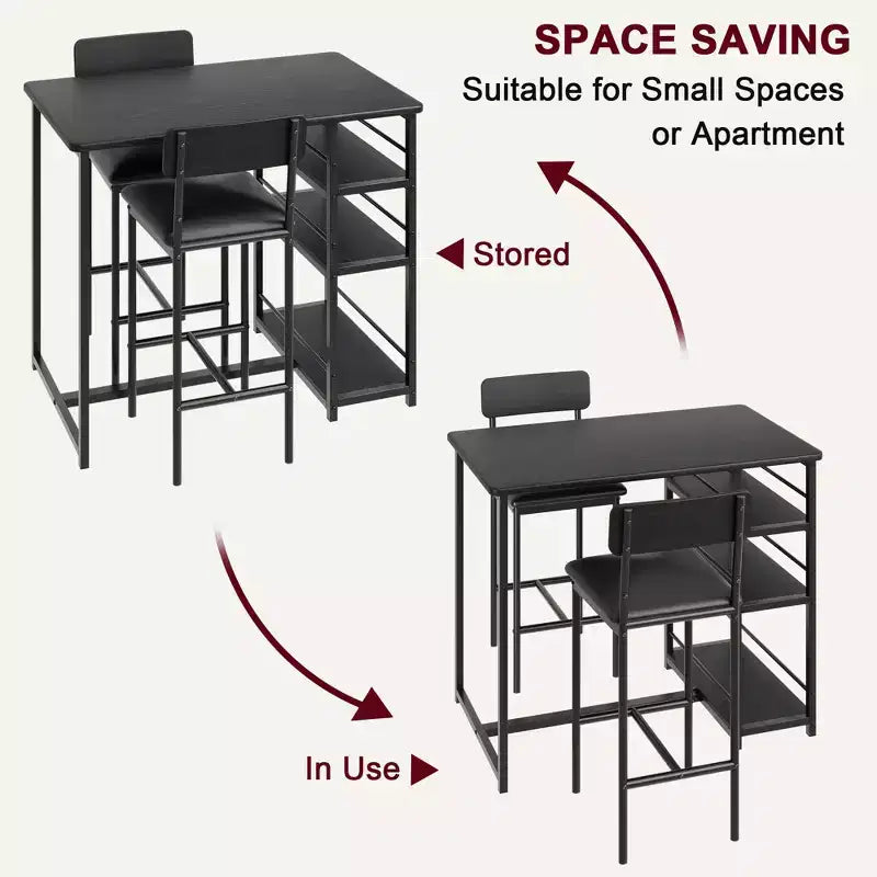 Dining Table Set with Storage Shelves,Bar Table Set with Durable Black Leather Sponge Chair,Bar Table and Two Seats for 2-4 People