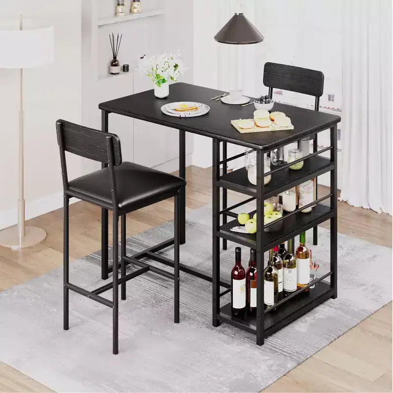 Dining Table Set with Storage Shelves,Bar Table Set with Durable Black Leather Sponge Chair,Bar Table and Two Seats for 2-4 People