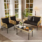 4-Piece Outdoor Patio Furniture Set with Table, Chaise Lounge & 2 Cushioned Armchairs, Rattan Balcony Set for Porch, Lawn, Poolside & Deck