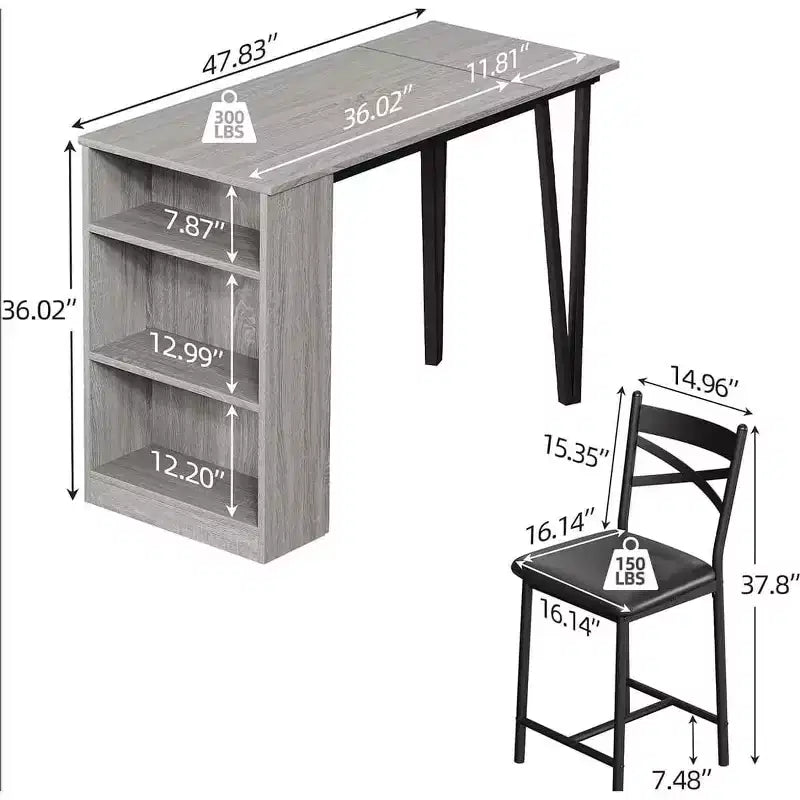 3-delige bartafelset voor 2 personen, bartafel- en stoelenset met opklapbare verlenging, eettafelset met opbergplanken