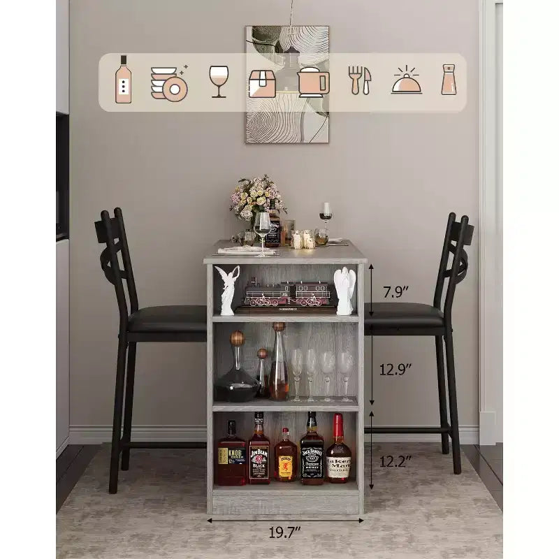 3-delige bartafelset voor 2 personen, bartafel- en stoelenset met opklapbare verlenging, eettafelset met opbergplanken
