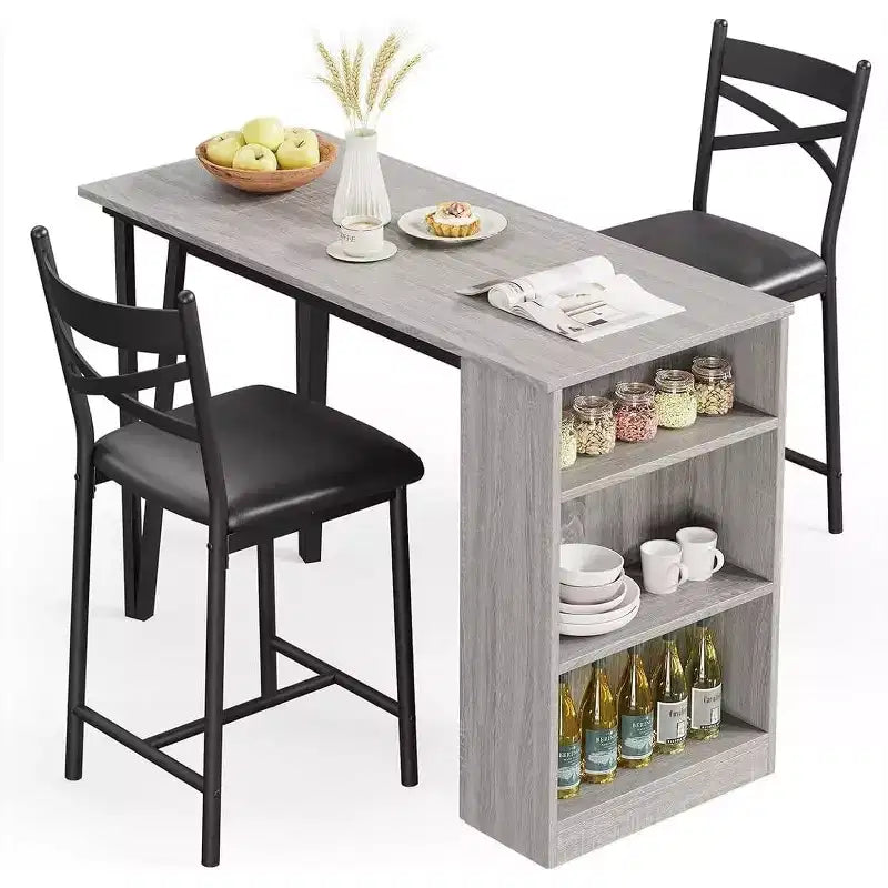 3-delige bartafelset voor 2 personen, bartafel- en stoelenset met opklapbare verlenging, eettafelset met opbergplanken