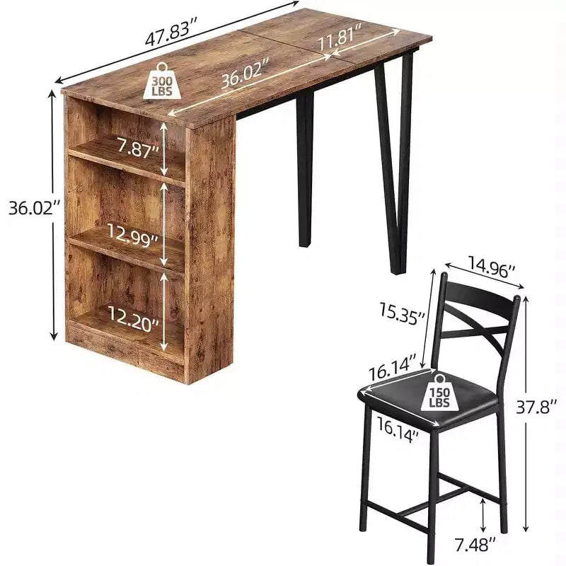 3-delige bartafelset voor 2 personen, bartafel- en stoelenset met opklapbare verlenging, eettafelset met opbergplanken