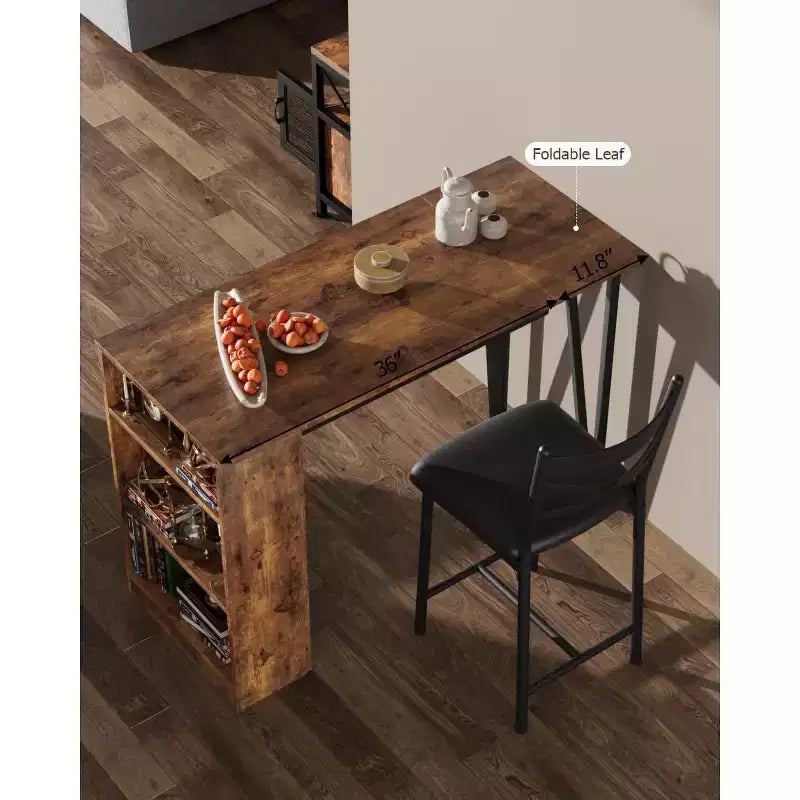 3-delige bartafelset voor 2 personen, bartafel- en stoelenset met opklapbare verlenging, eettafelset met opbergplanken