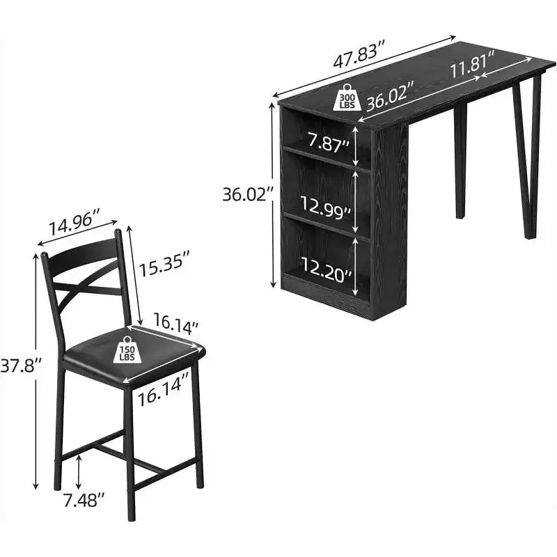 3-delige bartafelset voor 2 personen, bartafel- en stoelenset met opklapbare verlenging, eettafelset met opbergplanken