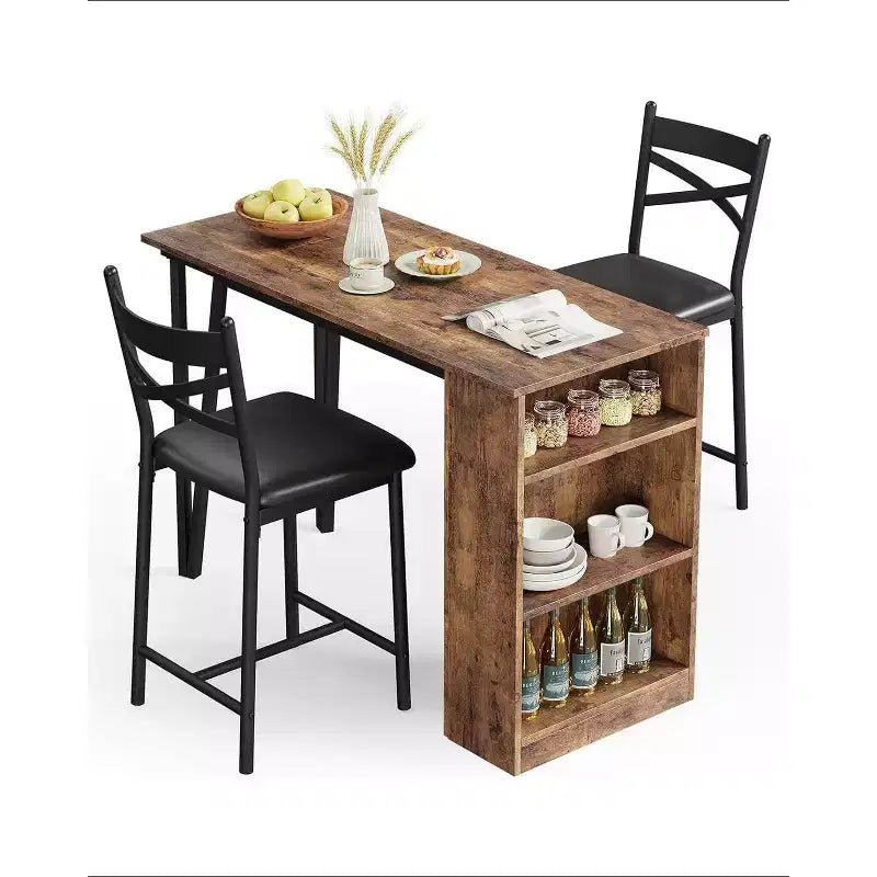 3-delige bartafelset voor 2 personen, bartafel- en stoelenset met opklapbare verlenging, eettafelset met opbergplanken